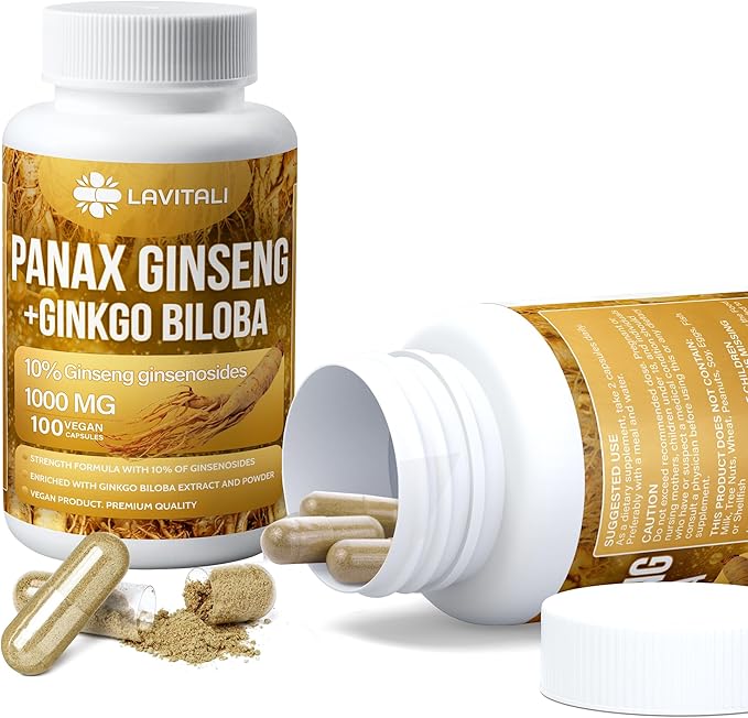 Ginseng & Ginkgo Biloba 100 Veggie Capsules, Energy Ginseng Root Extract Powder, with Ginkgo Biloba Extract, 100% Natural & Non-GMO, Vegan, Gluten Free, Dairy Free