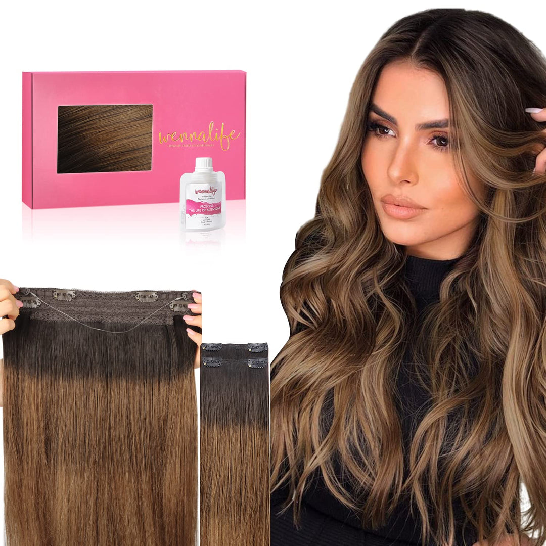 Wennalife Wire Hair Extensions (Increase 50% Lifespan) Real Human Hair 14 Inch 105G Dark Brown To Chestnut Brown And Dirty Blond