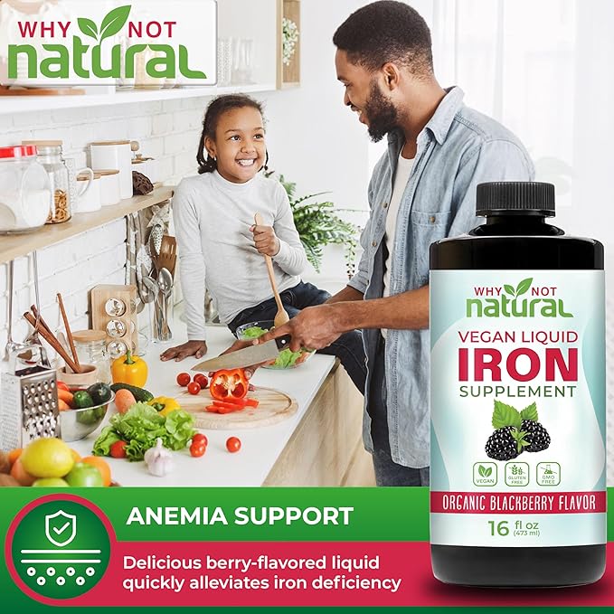 Why Not Natural Liquid Iron Supplement for Women, Men and Kids, Vegan Formulation for Anemia, Sugar Free, Vegan, Non-GMO, Organic BlackBerry Flavor 16 Fl Oz