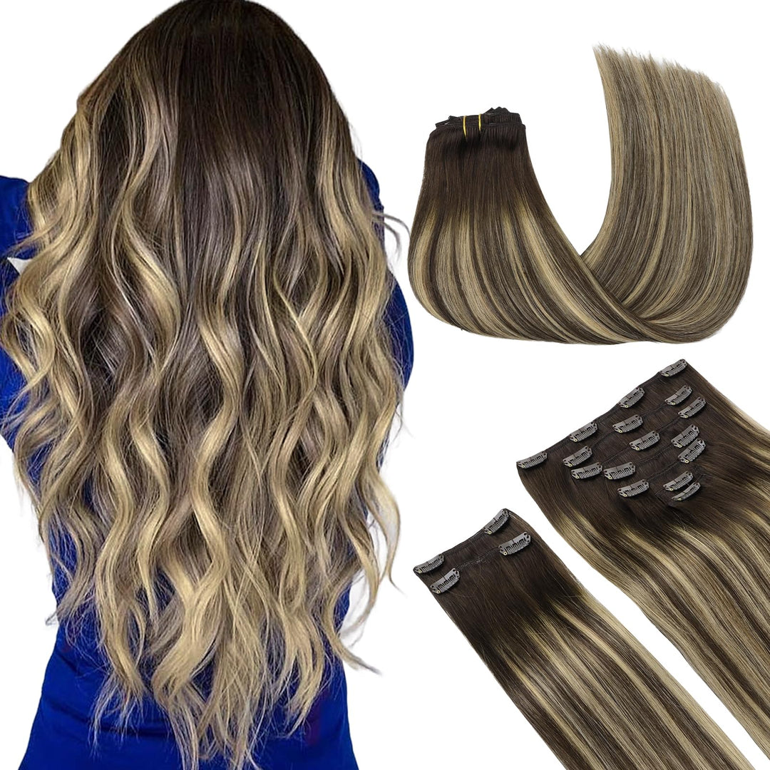 Maxita Human Hair Extensions Clip In,150G 9Pcs Mocha Brown To Bleach Blonde 16 Inch,Hair Extensions Clip In Real Human Hair Remy