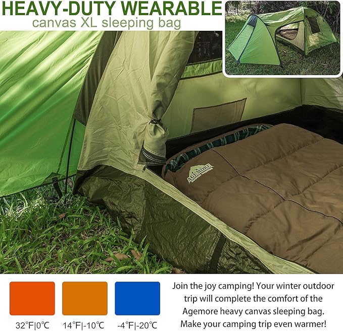 AGEMORE 0 Degree Canvas Sleeping Bag for Fishing, Hunting, Traveling and Camping Particularly in Cold Winter Outdoor with Removable Flannel Liner and Free Compression Sack for Big and Tall Adults