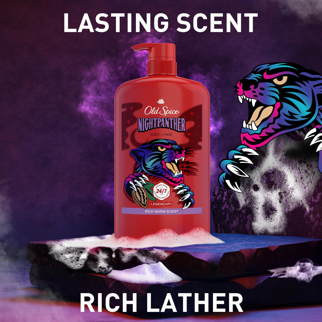 Old Spice Cleansing Body Wash for Men, 3X Defense, 24/7 Shower Fresh with Lasting Scent, 2-in-1 Body & Face Wash, NightPanther with Rich Warm Scent, 33.4 oz