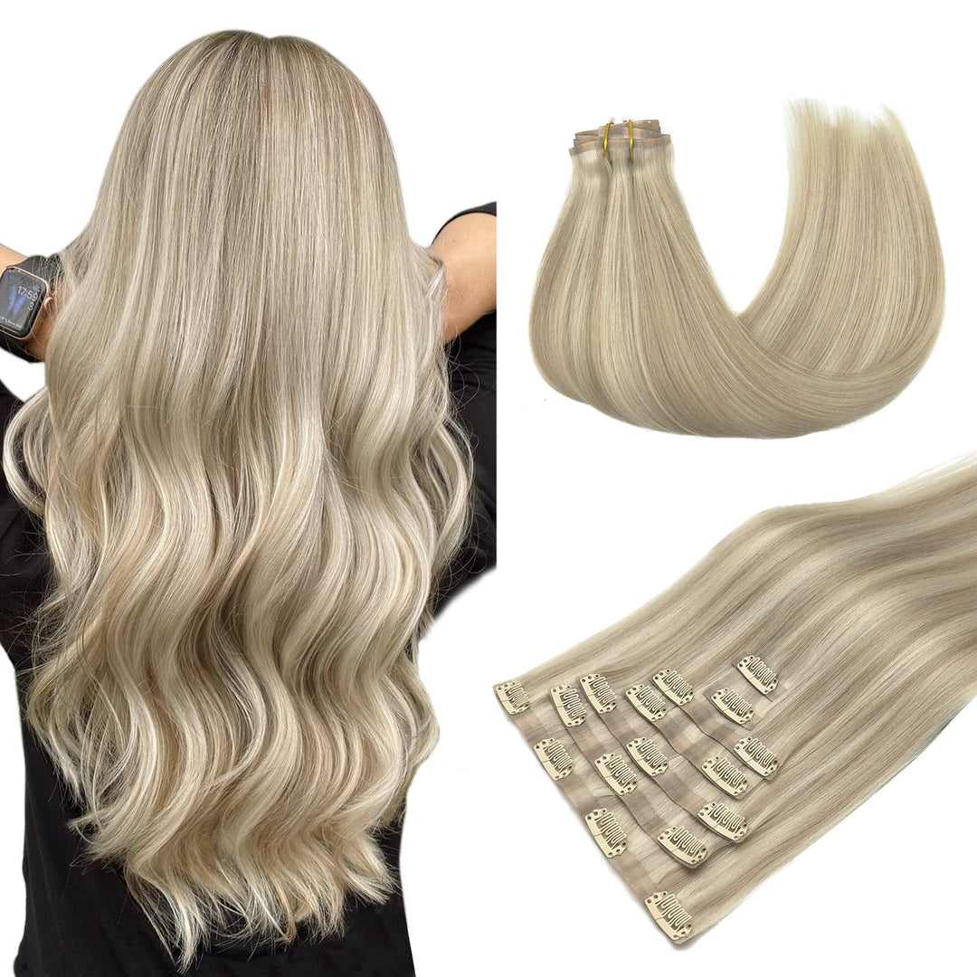 Maxita Human Hair Clip In Extensions, Ash Blonde Highlighted Platinum Blonde 110G 7Pcs 20 Inch Seamless Clip In Hair Extensions