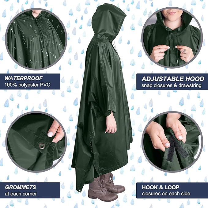 Heavy Duty Rain Poncho for Backpacking, Waterproof Lightweight for Adults, Military, Emergency, Camping, Men, Women