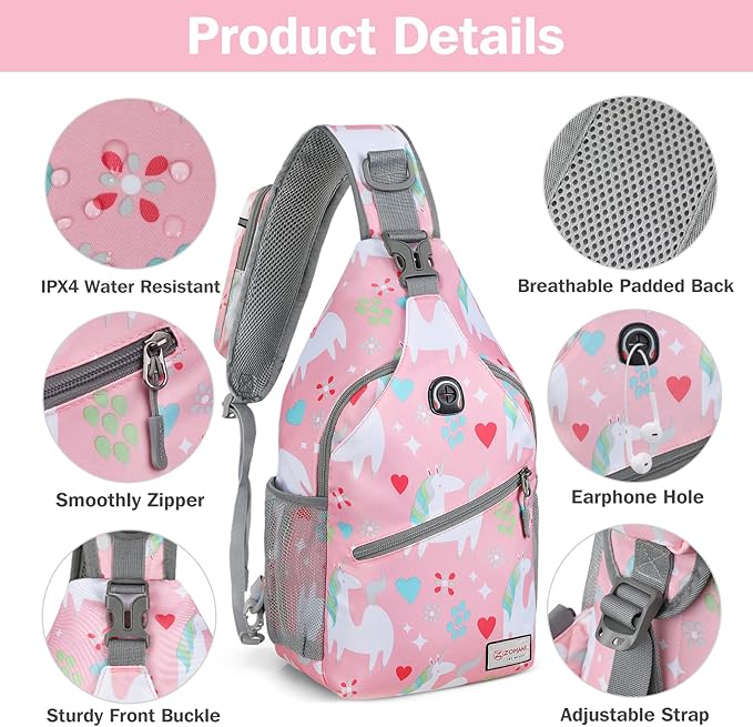 ZOMAKE Sling Bag for Women Men, Small Crossbody Sling Backpack, Mini Water Resistant Shoulder Daypack for Travel, Anti Thief Chest Bag for Hiking, Sports(Unicorn Pink)