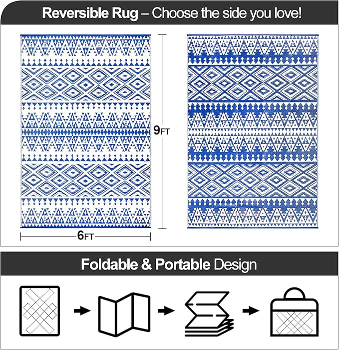 Waterproof Outdoor Rug 6x9ft, Bohemia Reversible Plastic Straw Mat for Patio RV Deck Porch Backyard Balcony Camping Picnic Beach Indoor Outdoor Carpet, Blue&White