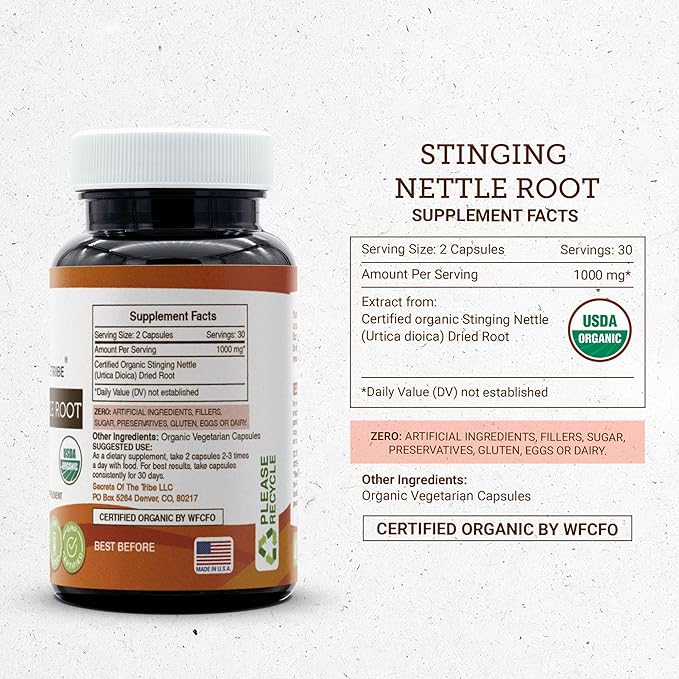 Secrets of the Tribe Stinging Nettle Root USDA Organic 60 Capsules | Made with Organic Vegetarian Capsules and Organic Stinging Nettle (Urtica Dioica) Dried Root (60 Capsules)