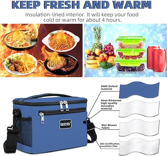 BEIMILY Lunch Box for Men/Women,Small Insulated Lunch Bag,Reusable LunchBox for work Picnic Hiking Beach,Leakproof Soft Cooler Tote Bag Organizer with Adjustable Shoulder Strap for Adults(Navy Blue)