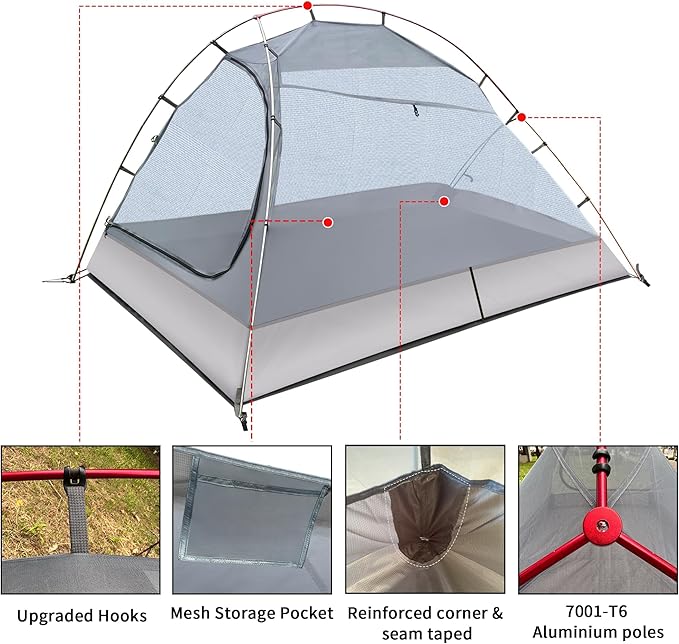 2 Person Camping Tent with 3 Aluminum Alloy Poles, 4 or 3 Season Waterproof Tent, Double Layer,Easy Setup, 2 Doors for Outdoor Hiking,Mountaineering,Survival,Travel