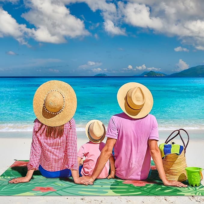 Beach Blanket Waterproof Sandproof Large Beach Mat 83" X 106" for 3-5 Adults Sand Free Mat Quick Drying,Lightweight & Durable with 4 Stakes & 4 Corner Pockets for Beach Camping .(Green)