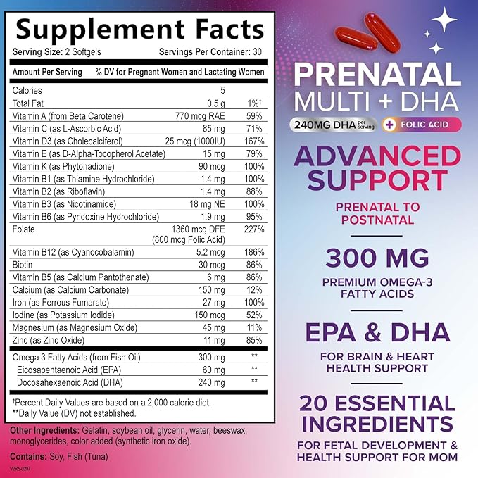 Prenatal Vitamins for Women with Folate & DHA, Prenatal Multivitamin Supports Brain Development with Folic Acid, Omega 3, Vitamin A, C, D, B6, B12 & Iron, Pregnancy Supplement, Non-GMO - 60 Softgels