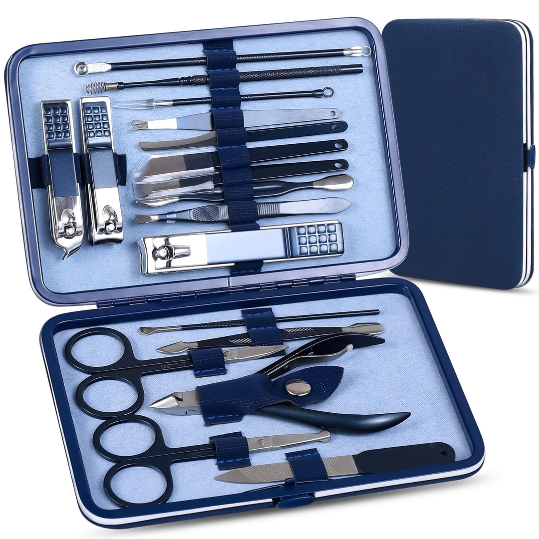 Manicure Set Pedicure Kit Nail Clippers Set Fingernail Clipper Set Ingrown Toenail Nail Kit Scissor Nail Trimmer Kit 18 Pieces Women and Men’s Care Grooming Tools with Fine Case (Dark Blue_18 Pieces)