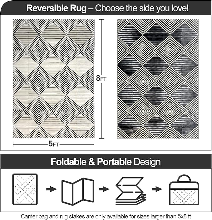 Waterproof Outdoor Rug 5x8ft, Foldable Reversible Plastic Straw Mat for Patio RV Deck Porch Backyard Balcony Camping Picnic Beach Indoor Outdoor Carpet, Black&Beige