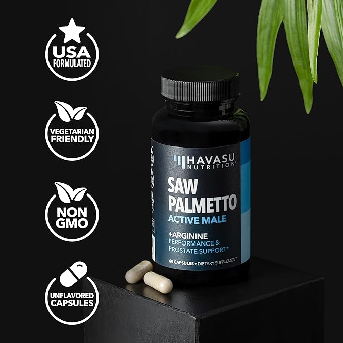 Saw Palmetto 500mg and L-Arginine 500 mg - Prostate Health and Nitric Oxide Supplements for Men - 60 Count - Urinary Function Support and Endurance for Active Males - Vegan, Non-GMO, 1 Month Supply