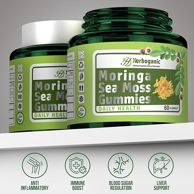 Moringa Sea Moss Gummies - Amazing Superfood Green Supplement with Fiber, Immune Support, and Moringa Leaf Powder Extract - Supplement 60 Count.