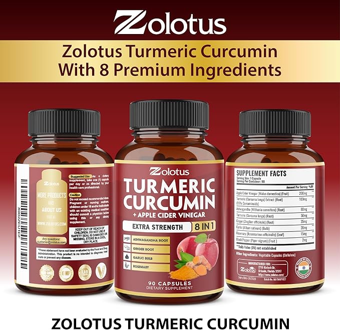 7 in 1 Turmeric Curcumin + Apple Cider Vinegar Capsules, 3 Month Supply with Ashwagandha, Ginger, Garlic Bulb, 95% Standardized Curcuminoids, Joint & Absorption Support