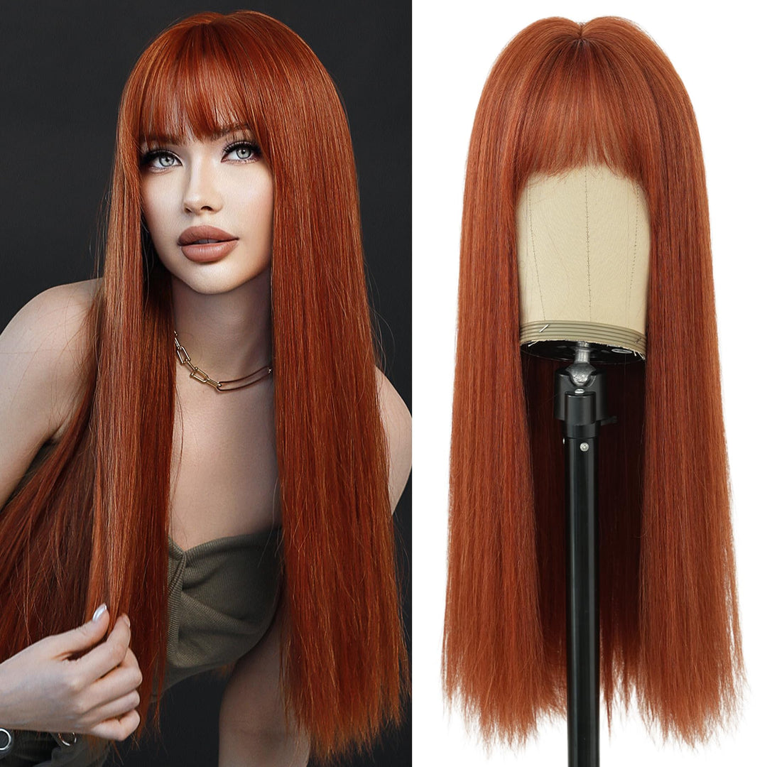 7Jhh Wigs 26Inch Long Straight Wig With Bangs Ginger Wig Heat Resistant Synthetic Ginger Orange Wig Make Natural Looking Wigs Fo