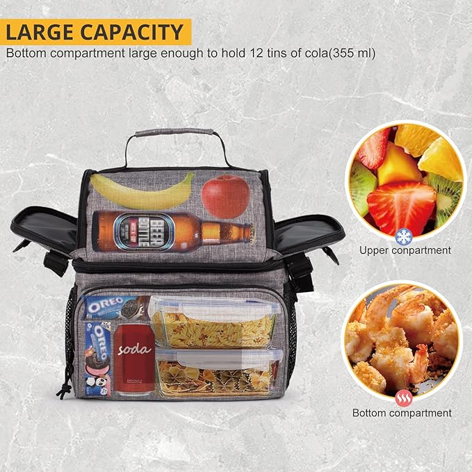 ATRIPACK 2 Compartment Lunch Bag for Men Adult, Tactical Lunch Box Leakproof Insulated Large Cooler Bag for Work with Adjustable Shoulder Strap Flag Double Layer Lunch Pail（Grey）