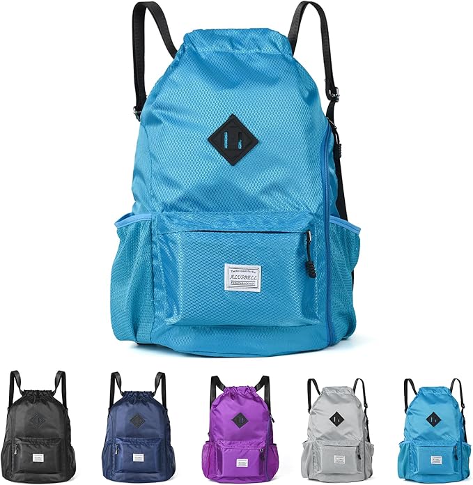 ALUSBELL Large Drawstring Backpack Bag, Sports Gym Bag String Sackpack with Shoes Compartment, Waterproof String Bag Cinch for Women Men(Lake Blue)
