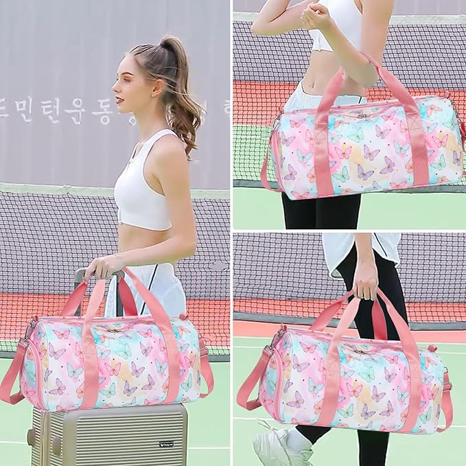 Butterfly Girls Sports Duffle Bag with Wet Pocket, Shoe Compartment & Overnight Travel Bag (Pink)