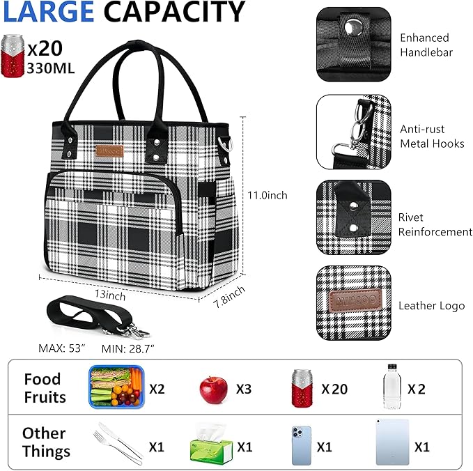 MIYCOO Lunch Bag Lunch Box Women - Leakproof Insulated Lunch Cooler Bag for Women - Large Lunch Tote Bags Adults, Checkered Black and White