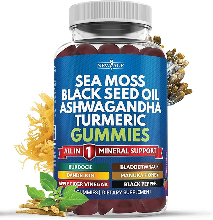 NEW AGE Sea Moss Gummies, Sea Moss, Black Seed, Ashwagandha, Turmeric, Manuka Honey, ACV, Dandelion, Black Pepper, Burdock, Bladderwrack, Vegan - 60 Count