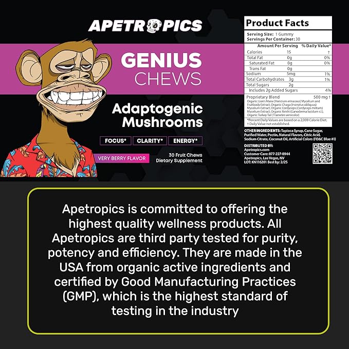 Apetropics Genius Chews - Brain Gummies with Lion’s Mane, Cordyceps, Reishi, and Turkey Tail Mushroom - Immune Support and Nootropic Brain Supplement - Very Berry Flavor - 30 Fruit Chews