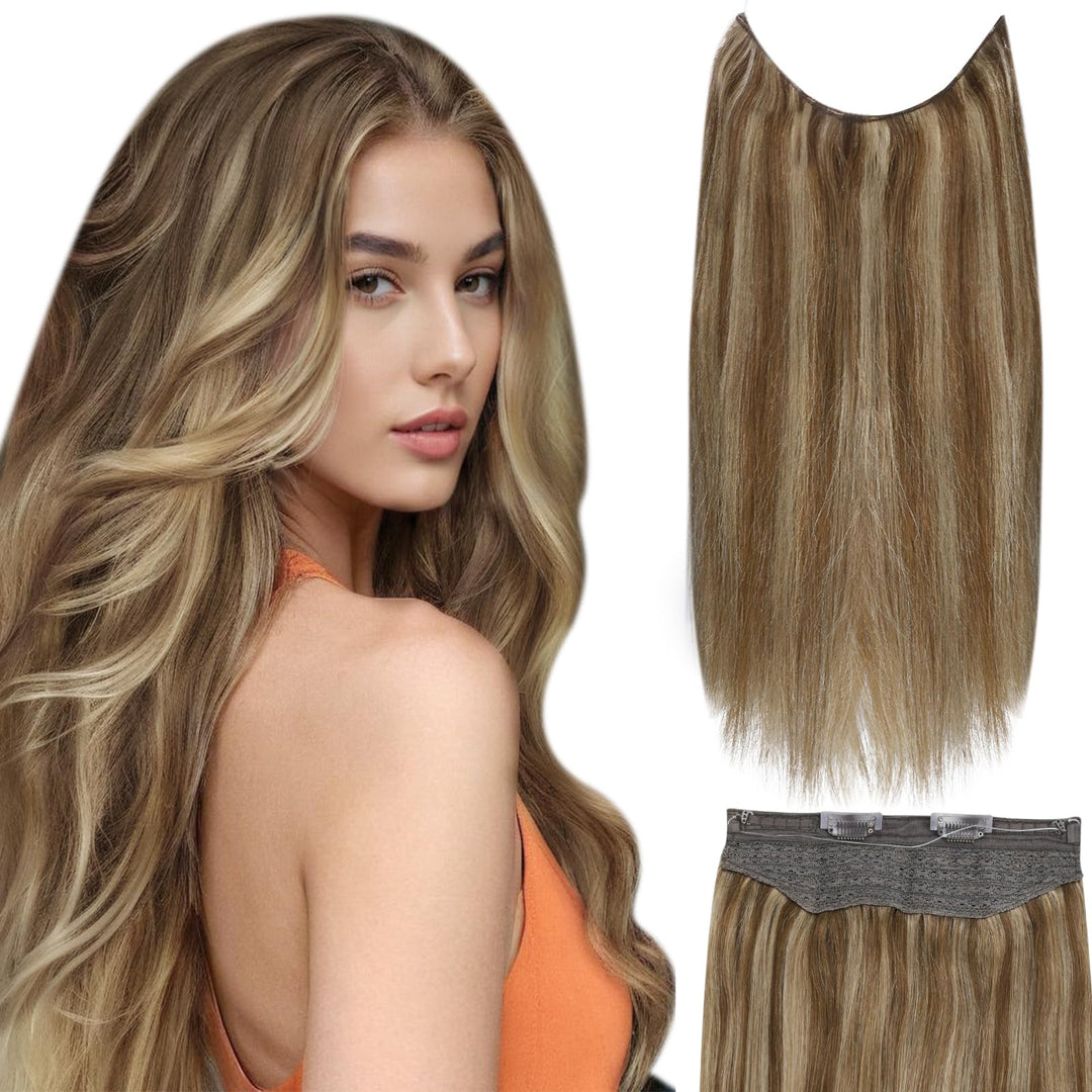 Fshine Invisible Wire Hair Extensions Brown Highlight Dark Brown Mix Caramel Blonde Clip In Hair Extensions Real Human Hair With
