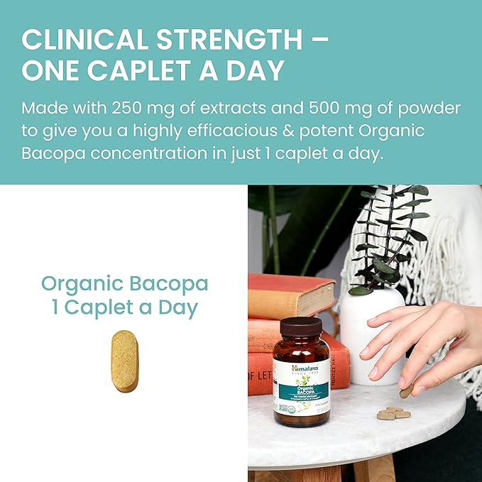 Himalaya Organic Bacopa Monnieri Nootropic Herbal Supplement, Mental Alertness, Supports Calm, Memory, Cognition, USDA Certified Organic, Non-GMO, 750 mg, 30 Plant-Based Caplets, 30 Day Supply