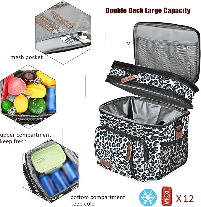 MIYCOO Lunch Bag for Women Men Double Deck Lunch Box - Leakproof Insulated Soft Large Lunch Cooler Bag, (Leopard print,15L)