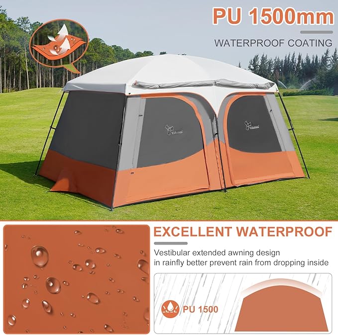 Vidalido Tents，6-8 Person Camping Tent with Extended Vestibule，2 Room Weather Resistant Family Tents，Easy Install Waterproof Outdoor Tent for Backpacking and Camping Hiking