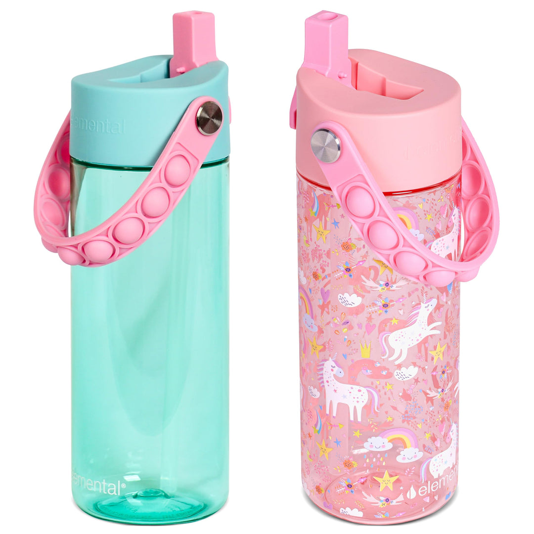 Elemental Leak Proof Water Bottles for Kids - Splash Kids Water Bottle for School with Fun Fidget Pop-it Handle - Tritan Plastic Water Bottle with Straw - Pink Unicorn & Robins Egg - 18oz (2 Pack)