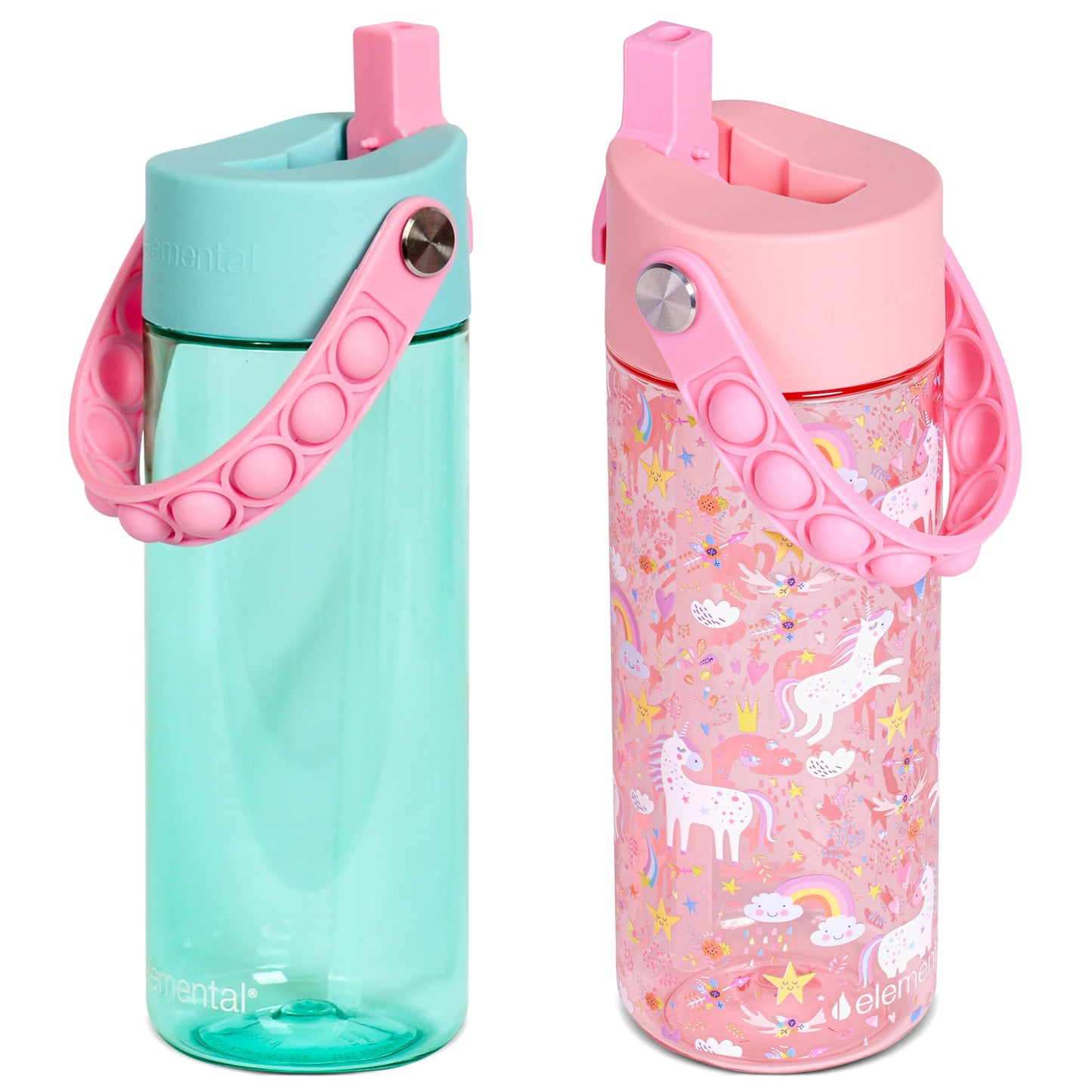 Elemental Leak Proof Water Bottles for Kids - Splash Kids Water Bottle for School with Fun Fidget Pop-it Handle - Tritan Plastic Water Bottle with Straw - Pink Unicorn & Robins Egg - 18oz (2 Pack)