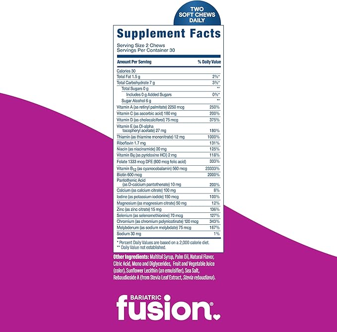 Bariatric Fusion Bariatric Multivitamin Soft Chew | Mixed Berry Fruit Flavor Chewy | Sugar Free Chewable Multivitamin Post Bariatric Surgery | Gastric Bypass and Sleeve | 60 Count | 1 Month Supply