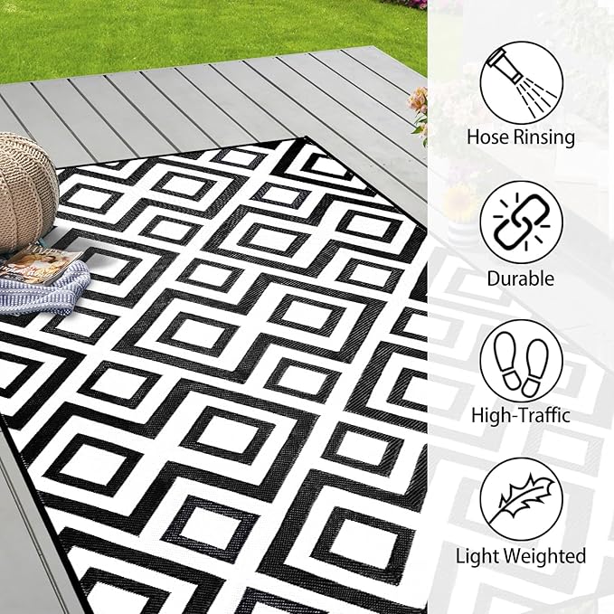 Outdoor Rug Mat for Patio, 9x12ft Waterproof Reversible Plastic Straw Rugs, Camping Carpet Area Mats for RV, Porch, Deck, Backyard, Balcony, Camper, Trailer, Black & White
