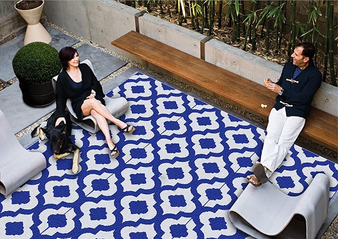 BalajeesUSA Outdoor Rug - 9x12 Blue, reversible Recycled Plastic straw Outdoor Patio Rugs Clearance Waterproof Large RV Camper Rug 484