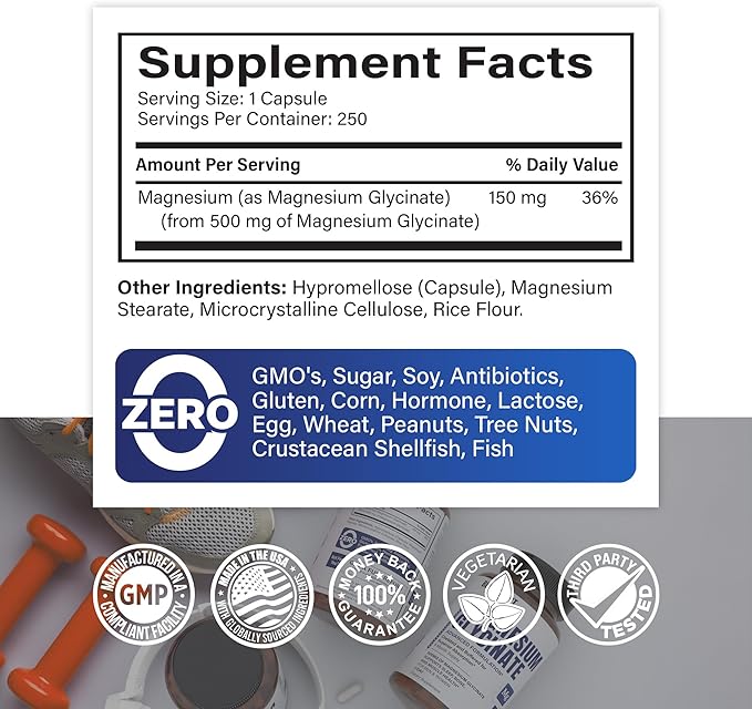 Premium Magnesium Glycinate 500mg Capsules High Absorption Formula Chelated Buffered Glycinate to Support Digestion, Bone, Sleep & Muscle Health - Made in USA - 250 Capsules