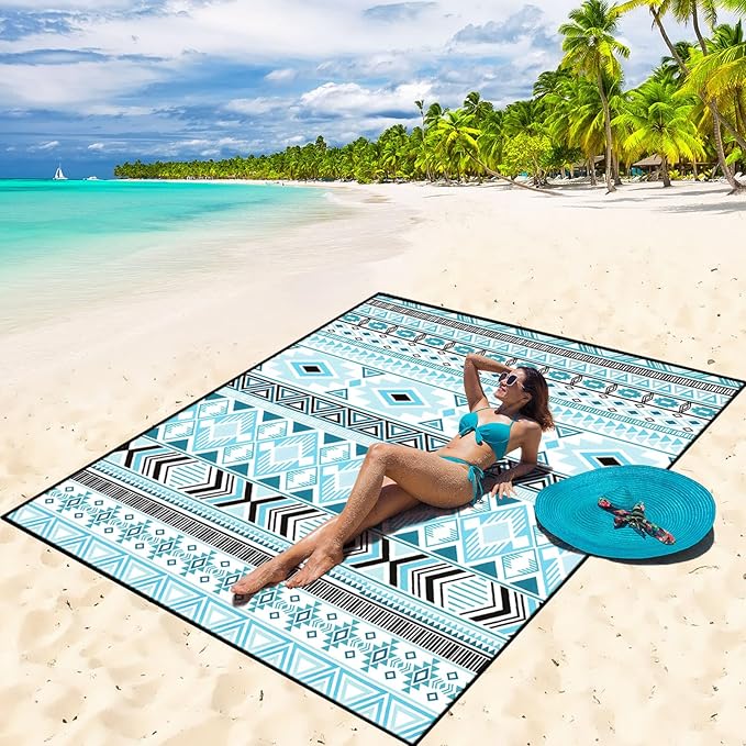 Beach Blanket Waterproof Sandproof Beach Mat 79" X 83" /10'x9'for 2-8 Adults Quick Drying Outdoor Picnic Mat Beach Accessories for Travel, Camping, Hiking