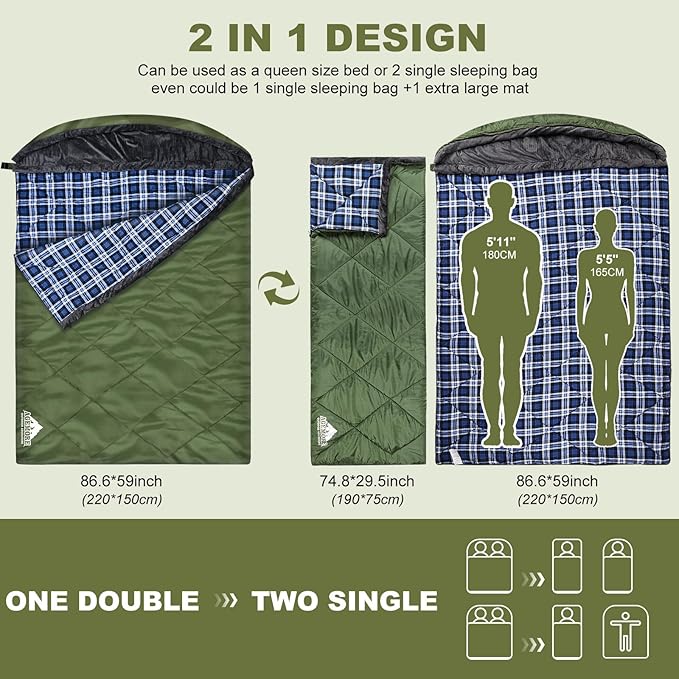 AGEMORE Cotton Flannel Double Sleeping Bag with Fleece Lined Hood, Waterproof Queen Size 2 Person Sleeping Bag for Adults Cold Weather Camping Backpacking or Hiking, 3-4season