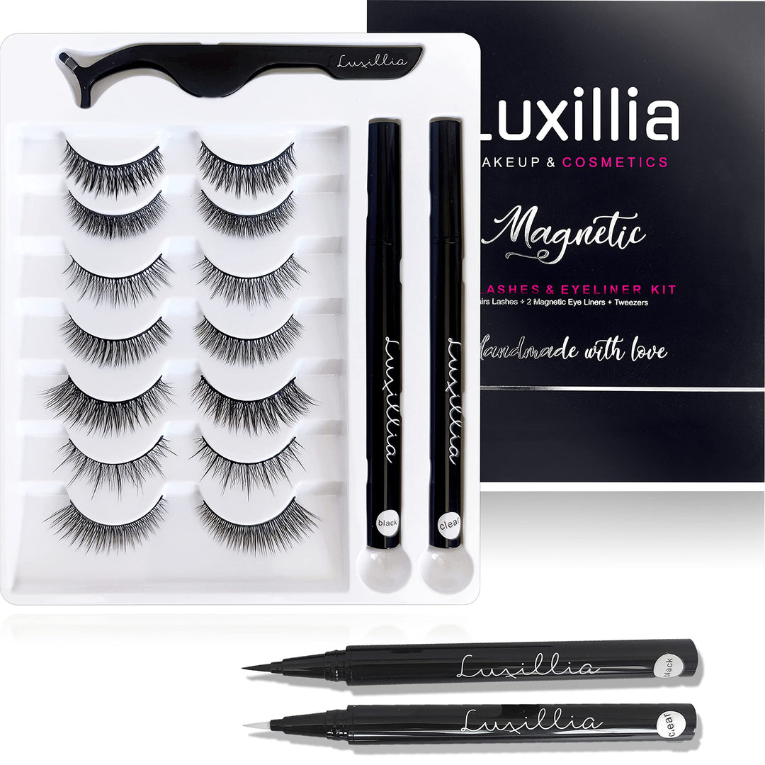 Luxillia 10 Piece Eyelash Magnetic Lashes with Clear and Black Magnetic Eyeliner - Natural Looking False Magnetic Eyelashes Kit with Waterproof Liquid Liner Applicator, Reusable Fake Eye Lash