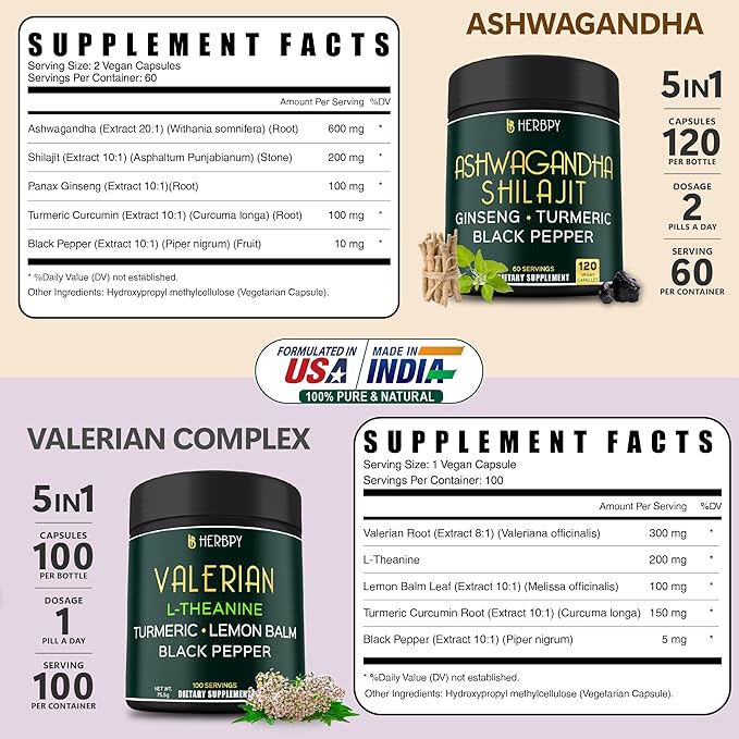 Bundle 5in1 Ashwagandha Shilajit & 5in1 Valerian Root Supplement - Support Relaxation, Healthy Mind & Heart, Digestion and Immune