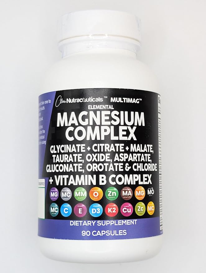 Clean Nutraceuticals Magnesium Complex with Magnesium Glycinate Citrate Malate Oxide Taurate Aspartate Orotate & Mag Chloride, Zinc Copper Manganese & Vitamin C B1 B2 B6 B12 Complex - 1Pack