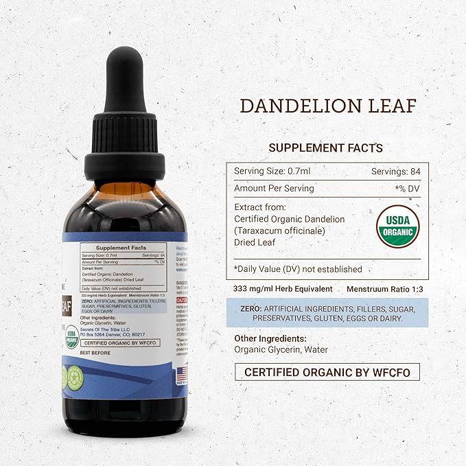 Dandelion Leaf USDA Organic | Alcohol-FREE Extract, High-Potency Herbal Drops, Digestive System | Made from 100% Certified Organic Dandelion Leaf (Taraxacum Officinale) Dried Leaf 2 oz