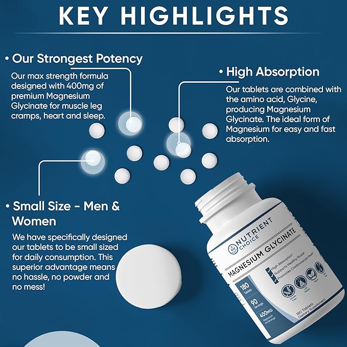 400 mg Magnesium Glycinate 180 Tablets Non Buffered High Absorption Non-GMO Promotes Cardiovascular Health Supplement for Stress Relief, Sleep, Heart Health, Ease Muscles, Calm Headaches, Nerves
