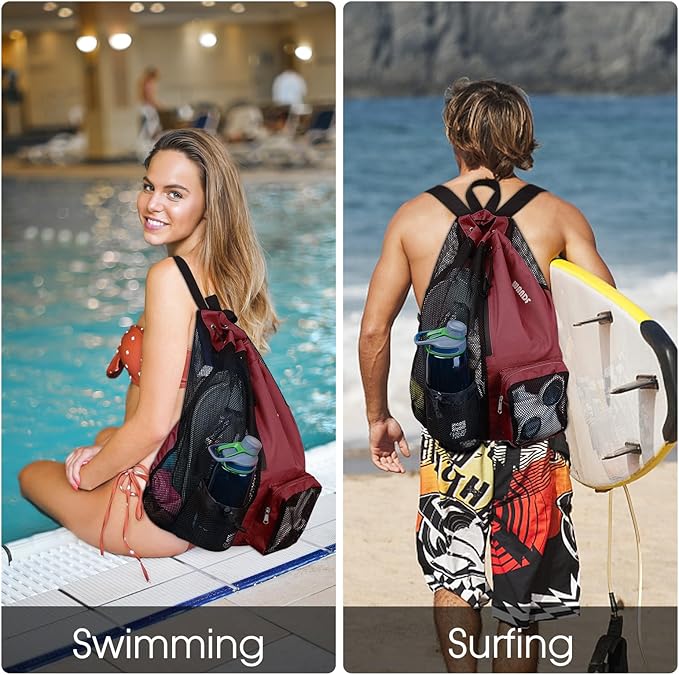WANDF Swim Bag Mesh Drawstring Backpack with Wet Pocket for Swimming, Gym, and Workout Gear