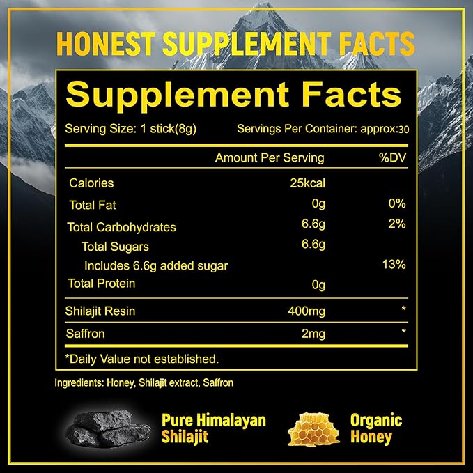 Shilajit Honey Sticks- 30 Sticks Himalayan Shilajit Honey Sticks Organic Honey & Saffron for Energy,Strength & Cognitive Support for Men & Women