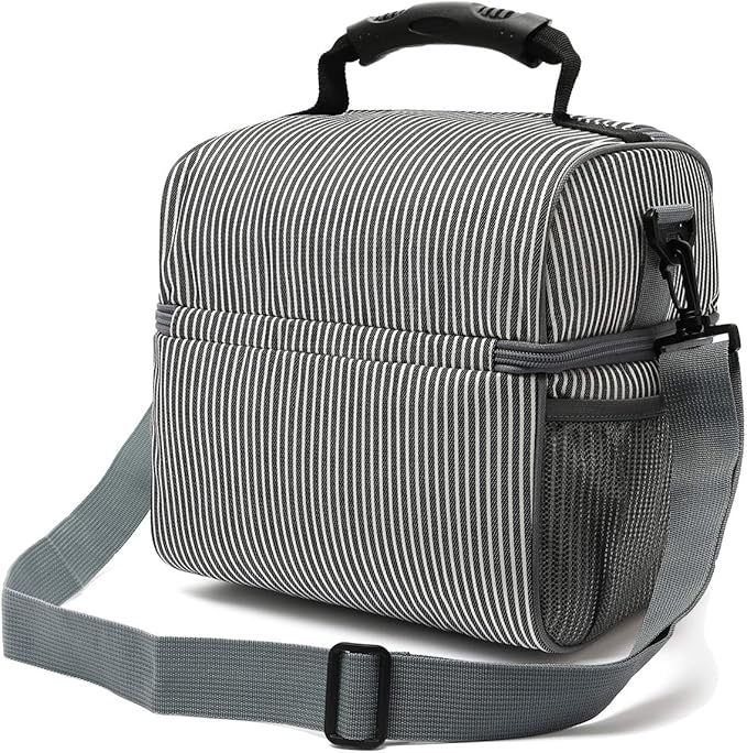 FlowFly Double Layer Cooler Insulated Lunch Bag Adult Lunch Box Large Tote Bag for Men, Women, With Adjustable Strap,Front Pocket and Dual Large Mesh Side Pockets
