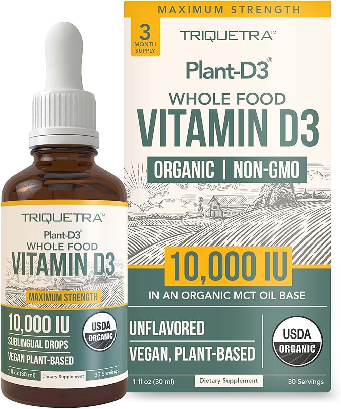 Organic Vitamin D3 10,000 IU - Plant D3, Vegan, Max Strength Sublingual Liquid D3 Drops - 200% Higher Absorption, 100% Plant-Based Cholecalciferol Form & Vegan D3, Adjustable Dosing (30 Servings)