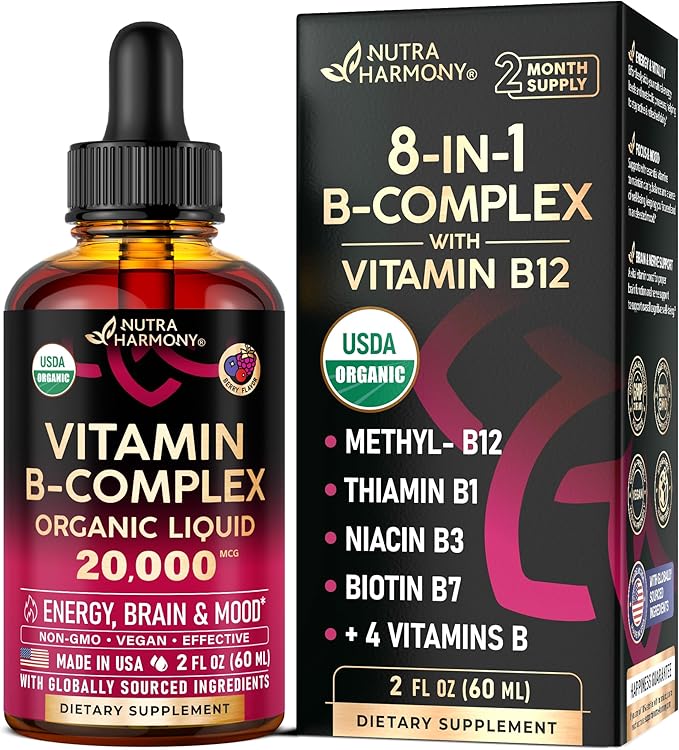 USDA Organic Vitamin B-Complex B5 Pantothenic Acid | B12 Methylcobalamin | B1 Thiamine | B6 Pyridoxine | B7 Biotin | B9 Folic | B3 Niacinamide - B Complex Liquid Drops, Made in USA Supplement, 2fl oz
