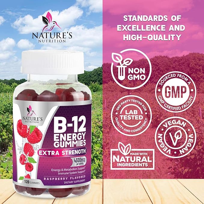 B-12 Vitamin Energy Gummies - 4500mcg Extra Strength B12 Gummy Chewables for Energy Metabolism & Immune Support - Dietary Supplement for Women, Men, & Kids - Non-GMO, Vegan, Berry Flavor - 120 Count